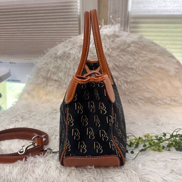 Dooney & Bourke Signature DB Logo Black Canvas & Brown Leather Hand Shoulder Bag - Picture 3 of 12